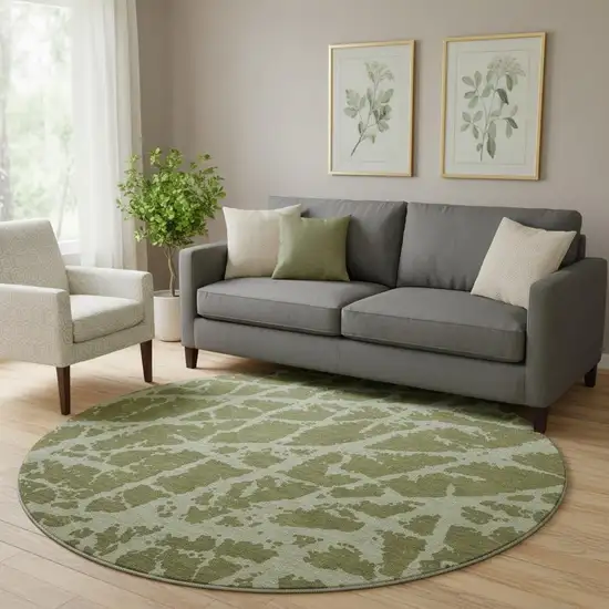 8' Olive Green And Gray Abstract Washable Round Rug With UV Protection Photo 1