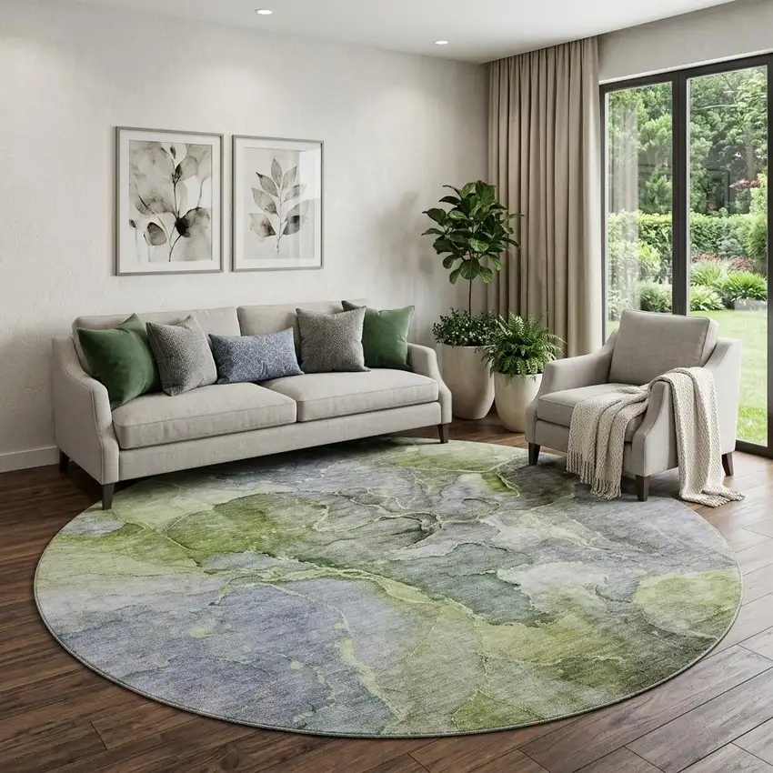 8' Olive Green And Gray Abstract Washable Round Rug With UV Protection Photo 1