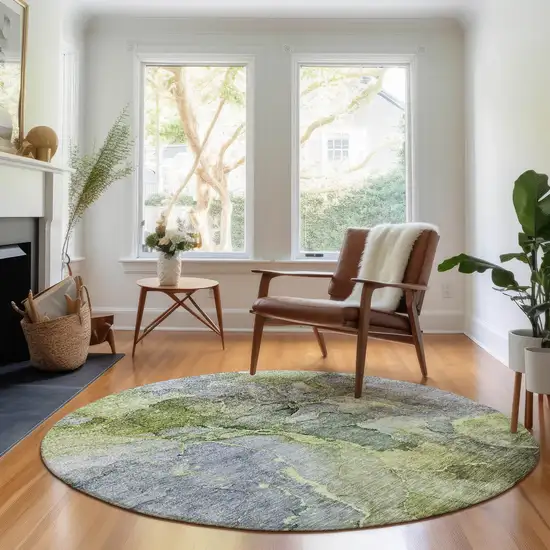 8' Olive Green And Gray Abstract Washable Round Rug With UV Protection Photo 4