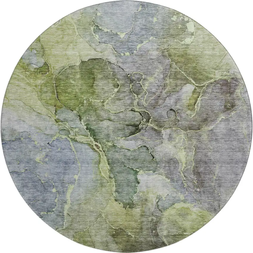 8' Olive Green And Gray Abstract Washable Round Rug With UV Protection Photo 6