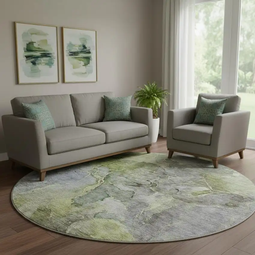 8' Olive Green And Gray Abstract Washable Round Rug With UV Protection Photo 1