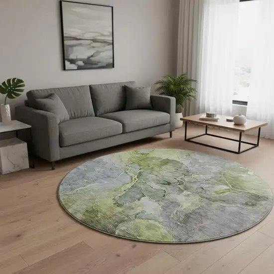 8' Olive Green And Gray Abstract Washable Round Rug With UV Protection Photo 2