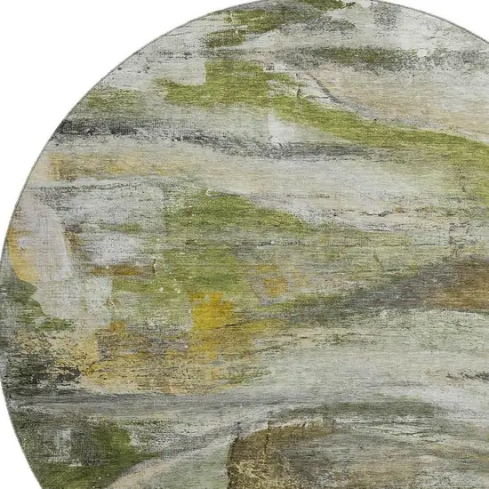 8' Olive Green And Gray Abstract Washable Round Rug With UV Protection Photo 3