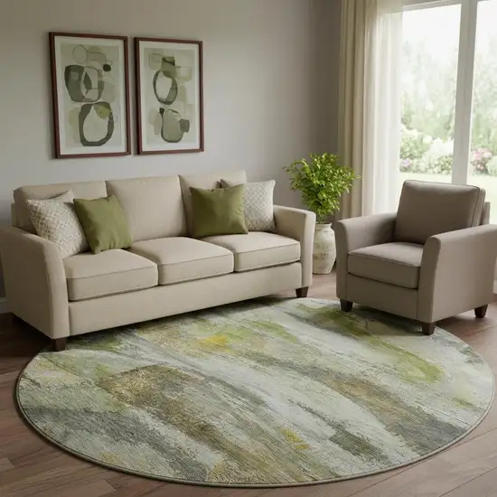 8' Olive Green And Gray Abstract Washable Round Rug With UV Protection Photo 2