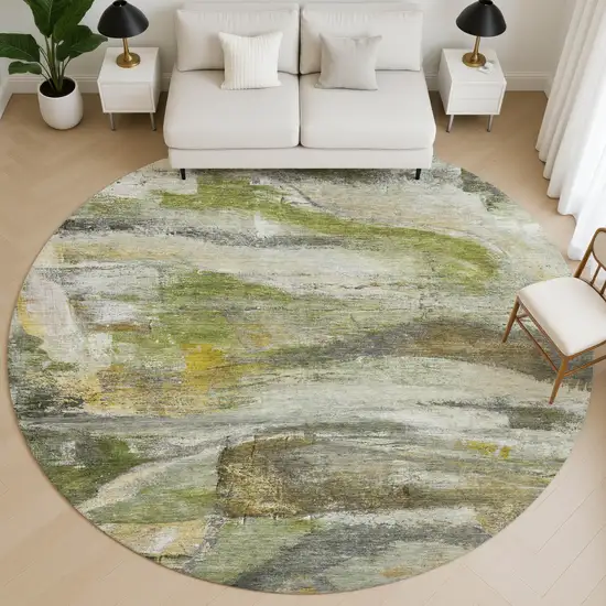 8' Olive Green And Gray Abstract Washable Round Rug With UV Protection Photo 5