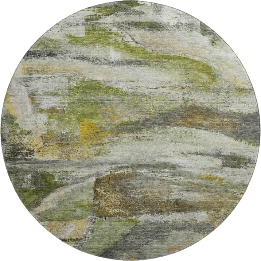 8' Olive Green And Gray Abstract Washable Round Rug With UV Protection Photo 1