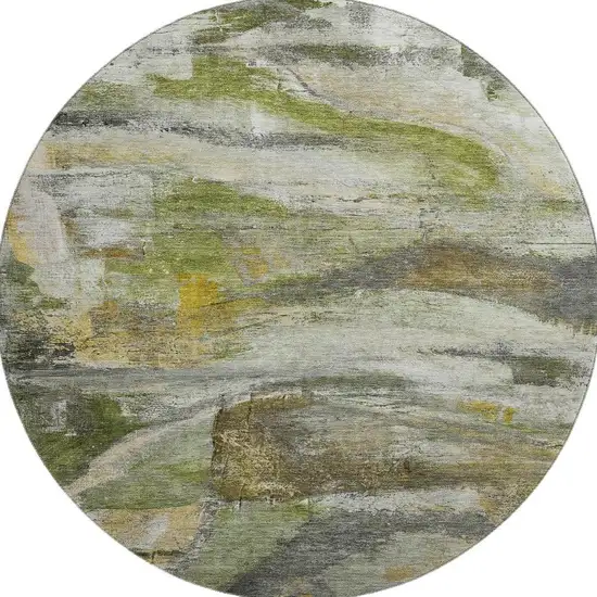8' Olive Green And Gray Abstract Washable Round Rug With UV Protection Photo 4