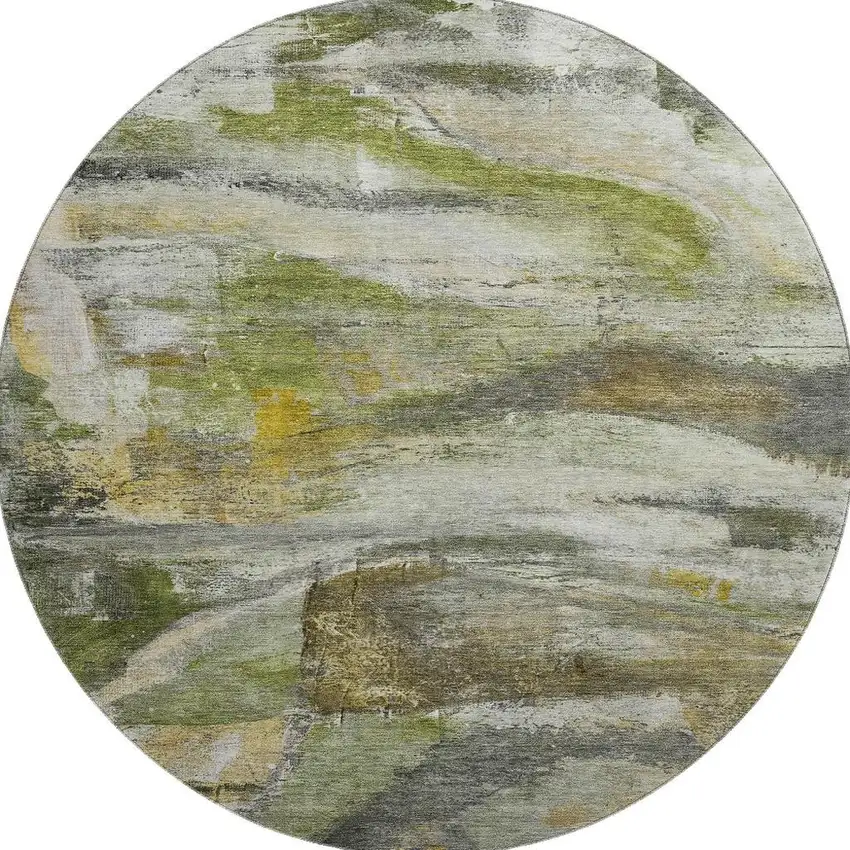 8' Olive Green And Gray Abstract Washable Round Rug With UV Protection Photo 4