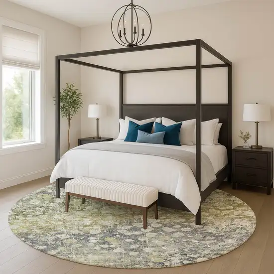 8' Olive Green And Gray Abstract Washable Round Rug With UV Protection Photo 5