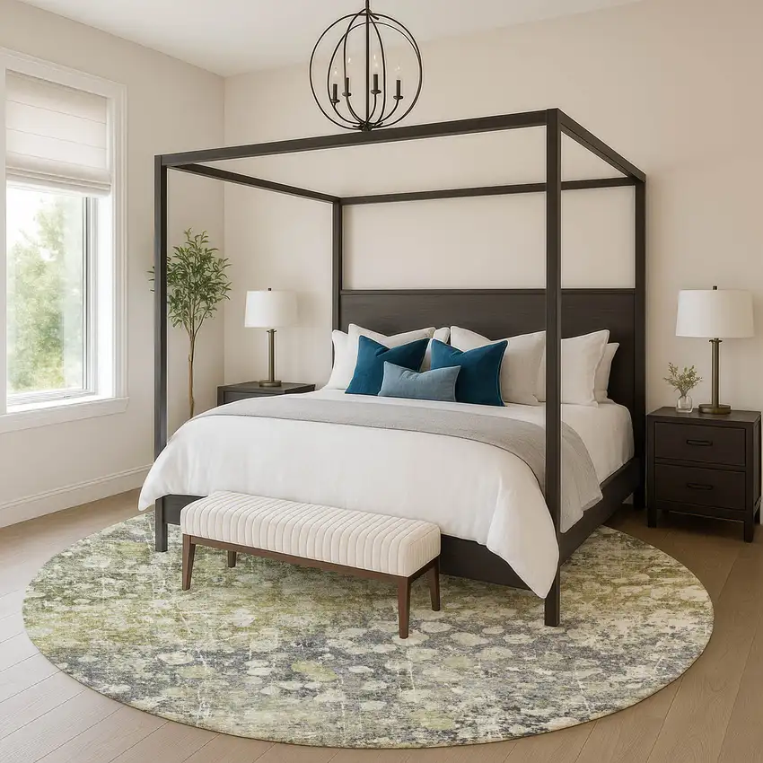 8' Olive Green And Gray Abstract Washable Round Rug With UV Protection Photo 5