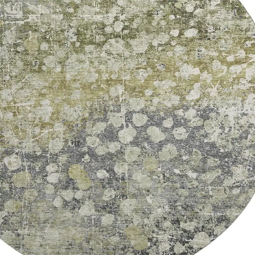 8' Olive Green And Gray Abstract Washable Round Rug With UV Protection Photo 3
