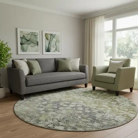 8' Olive Green And Gray Abstract Washable Round Rug With UV Protection Photo 2