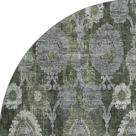 8' Olive Green And Gray Damask Washable Round Rug With UV Protection Photo 4