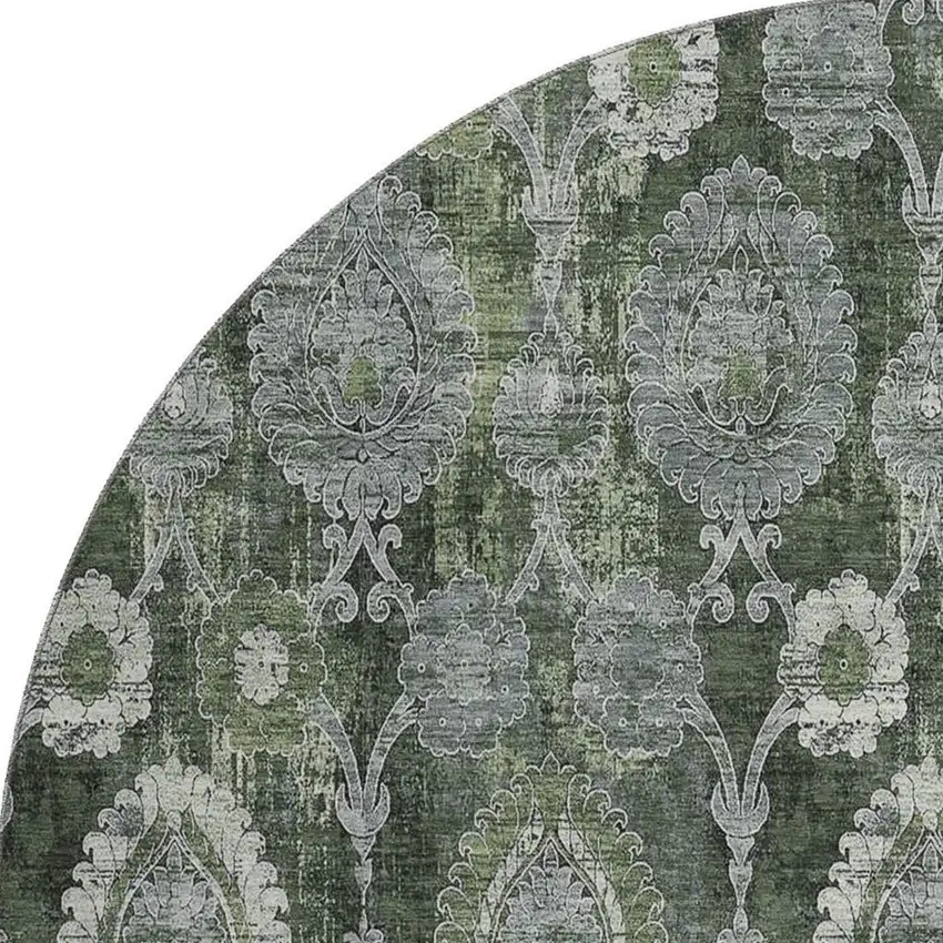 8' Olive Green And Gray Damask Washable Round Rug With UV Protection Photo 4