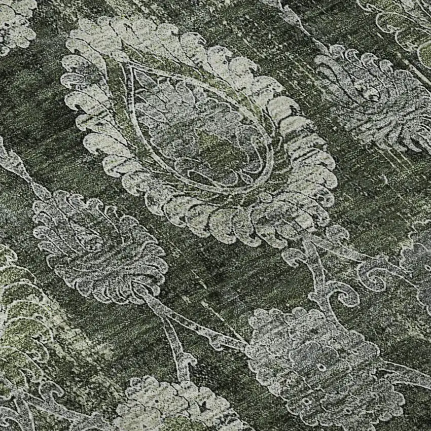 8' Olive Green And Gray Damask Washable Round Rug With UV Protection Photo 9