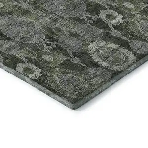 Photo of 8' Olive Green And Gray Damask Washable Round Rug With UV Protection
