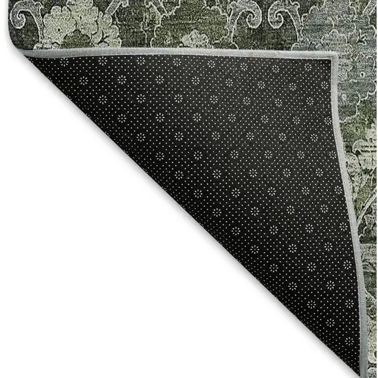 8' Olive Green And Gray Damask Washable Round Rug With UV Protection Photo 6