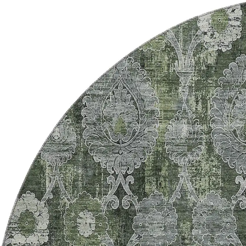 8' Olive Green And Gray Damask Washable Round Rug With UV Protection Photo 3