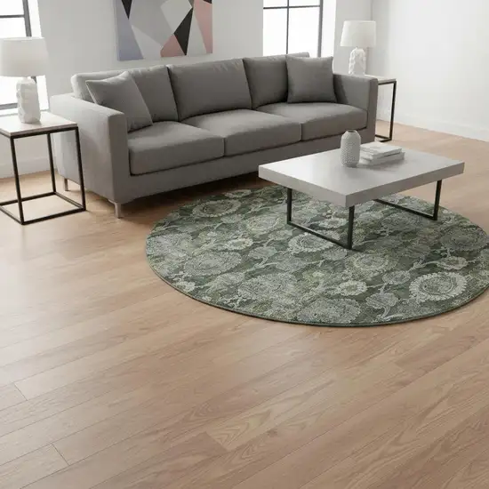 8' Olive Green And Gray Damask Washable Round Rug With UV Protection Photo 2