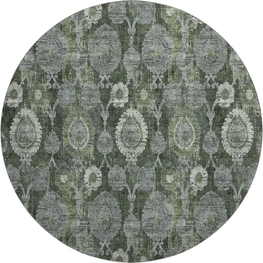 8' Olive Green And Gray Damask Washable Round Rug With UV Protection Photo 1