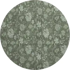 Photo of 8' Olive Green And Gray Floral Washable Round Rug With UV Protection