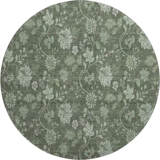 8' Olive Green And Gray Floral Washable Round Rug With UV Protection Photo 1