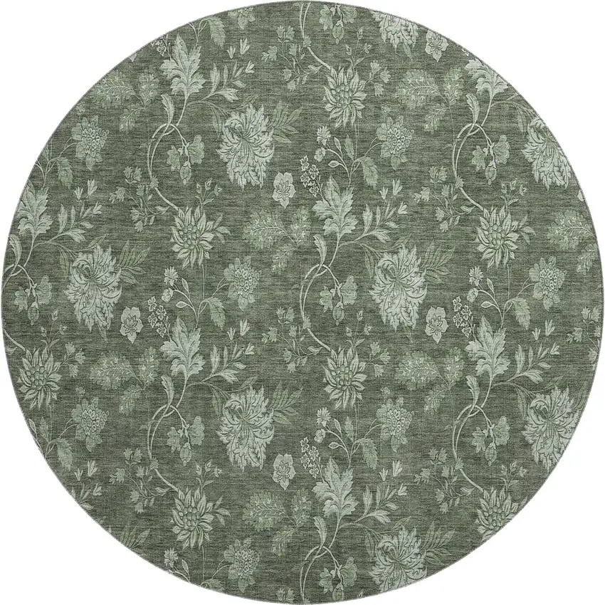 8' Olive Green And Gray Floral Washable Round Rug With UV Protection Photo 1