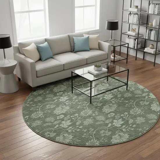 8' Olive Green And Gray Floral Washable Round Rug With UV Protection Photo 2