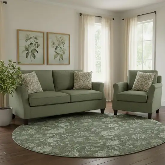 8' Olive Green And Gray Floral Washable Round Rug With UV Protection Photo 1