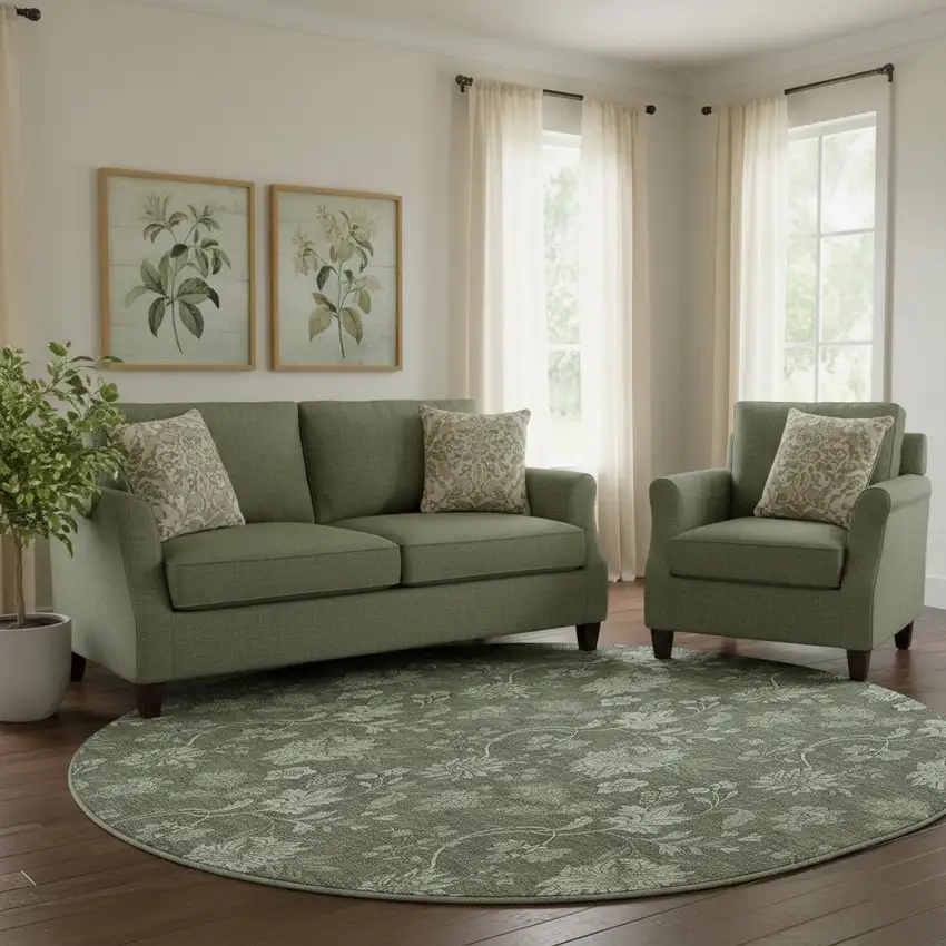 8' Olive Green And Gray Floral Washable Round Rug With UV Protection Photo 1