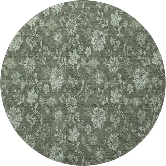 8' Olive Green And Gray Floral Washable Round Rug With UV Protection Photo 3