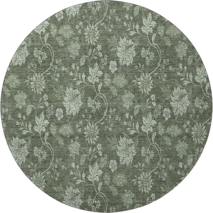 8' Olive Green And Gray Floral Washable Round Rug With UV Protection Photo 3