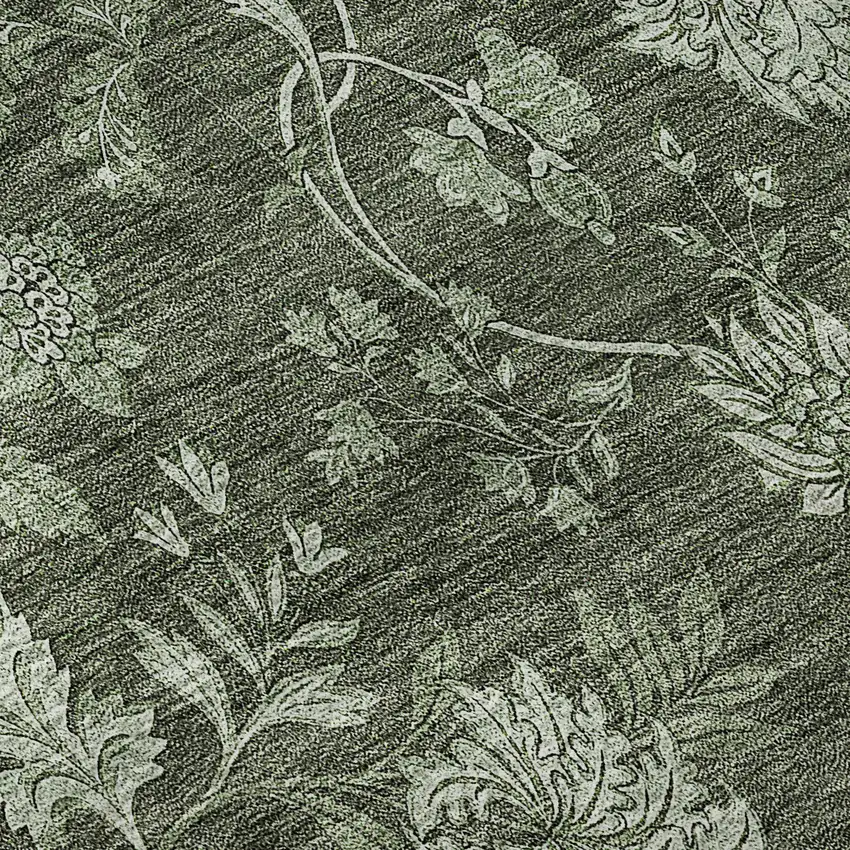 8' Olive Green And Gray Floral Washable Round Rug With UV Protection Photo 9