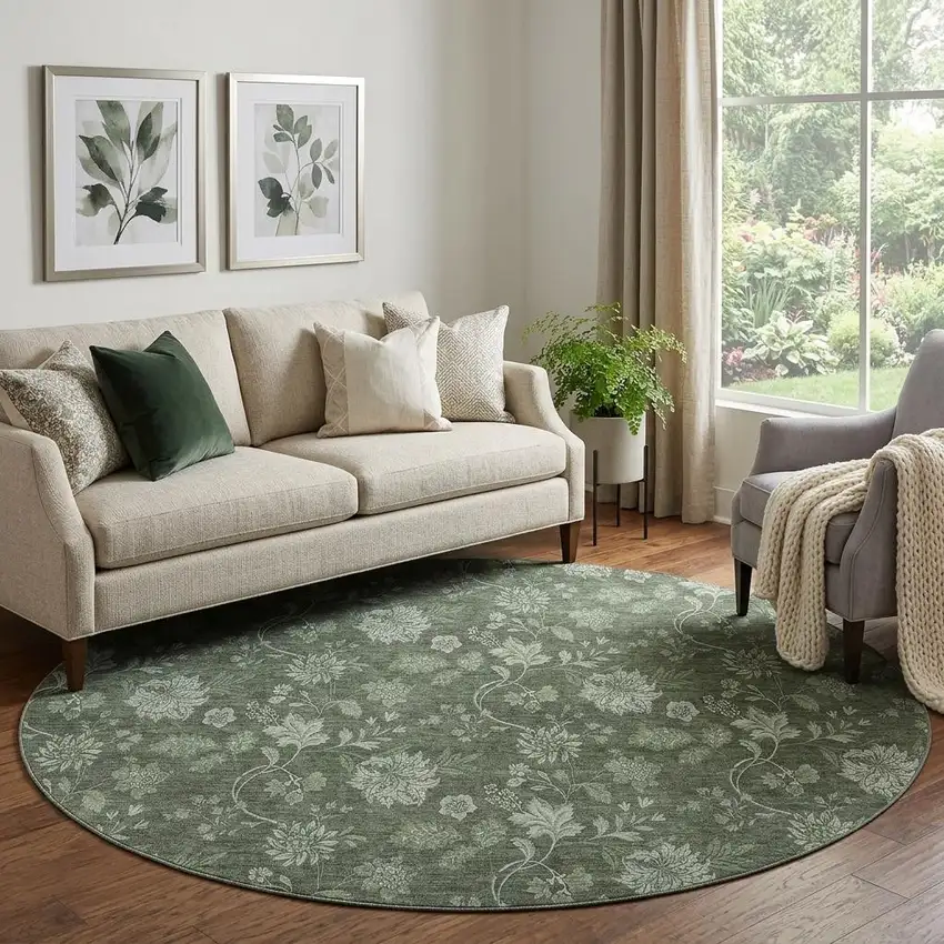 8' Olive Green And Gray Floral Washable Round Rug With UV Protection Photo 1