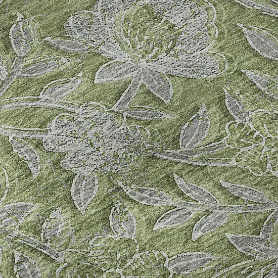 8' Olive Green And Gray Floral Washable Round Rug With UV Protection Photo 9
