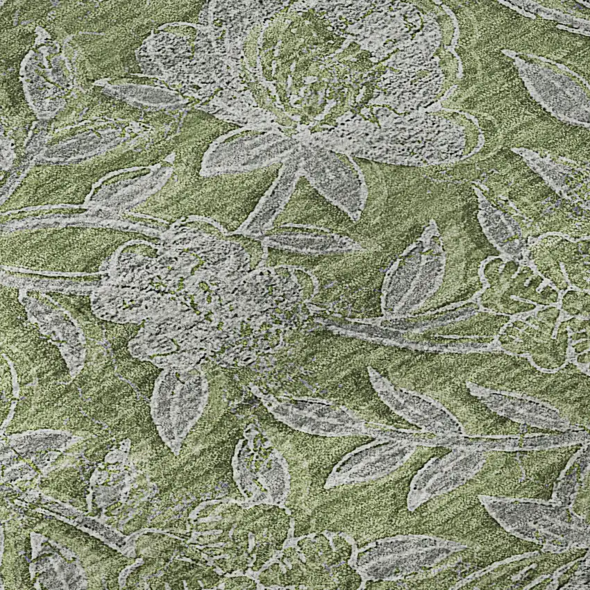 8' Olive Green And Gray Floral Washable Round Rug With UV Protection Photo 9