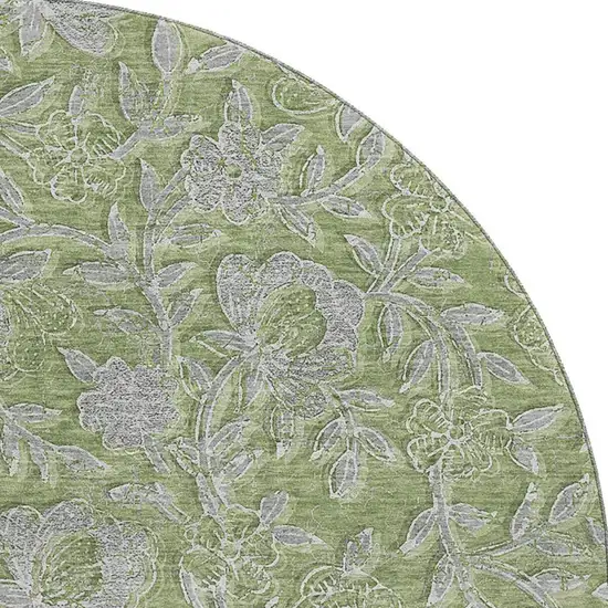 8' Olive Green And Gray Floral Washable Round Rug With UV Protection Photo 4