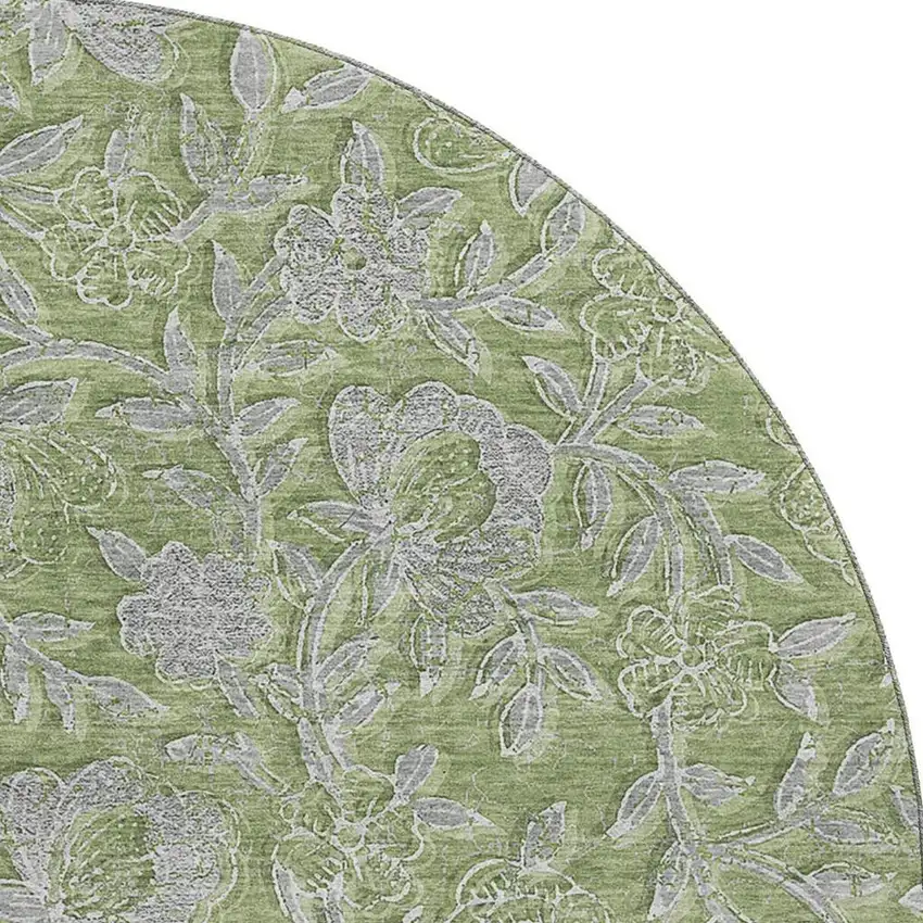 8' Olive Green And Gray Floral Washable Round Rug With UV Protection Photo 4