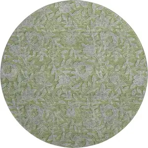 Photo of 8' Olive Green And Gray Floral Washable Round Rug With UV Protection