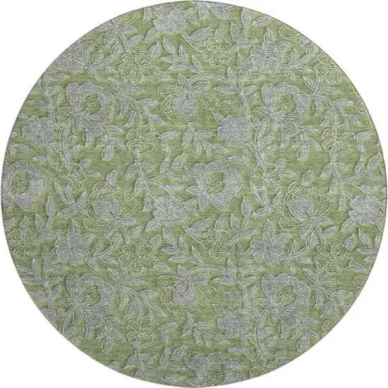 8' Olive Green And Gray Floral Washable Round Rug With UV Protection Photo 1