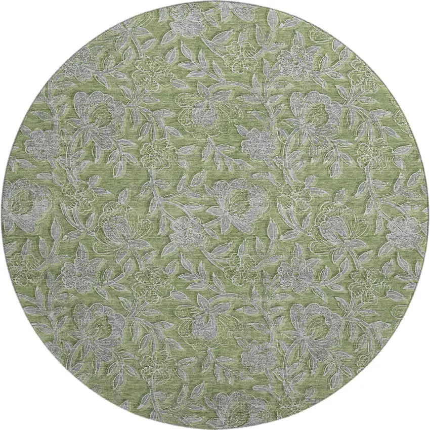 8' Olive Green And Gray Floral Washable Round Rug With UV Protection Photo 1