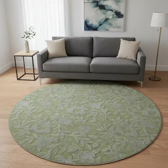 8' Olive Green And Gray Floral Washable Round Rug With UV Protection Photo 2