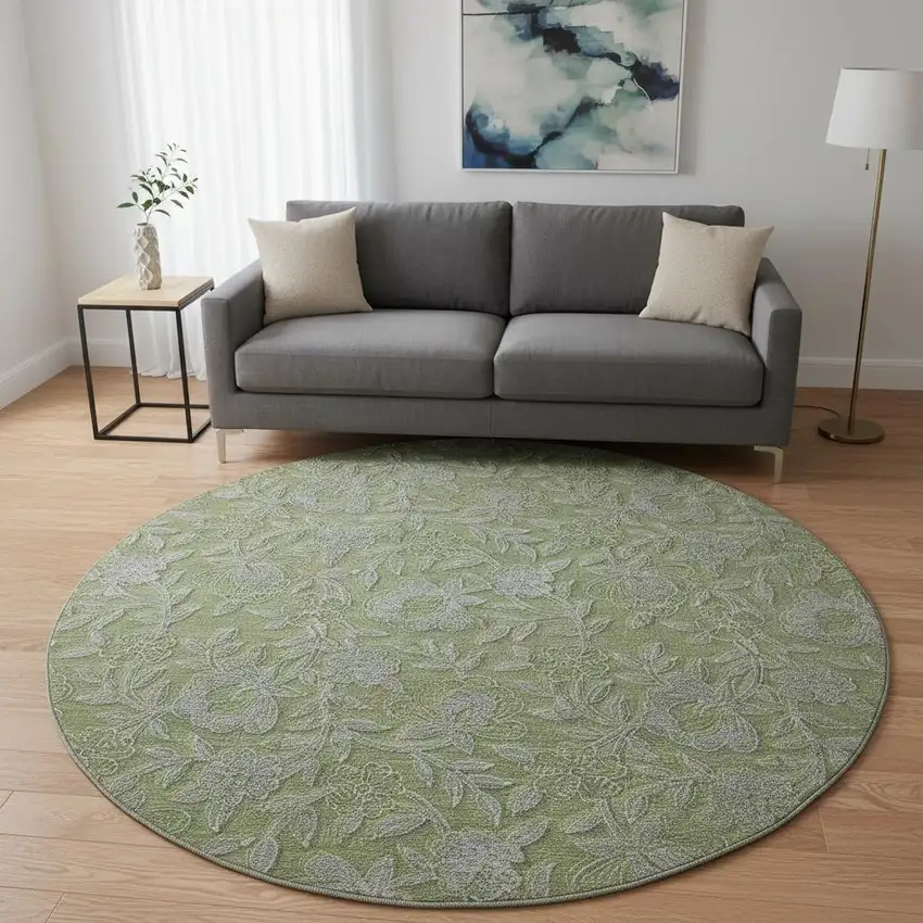 8' Olive Green And Gray Floral Washable Round Rug With UV Protection Photo 2
