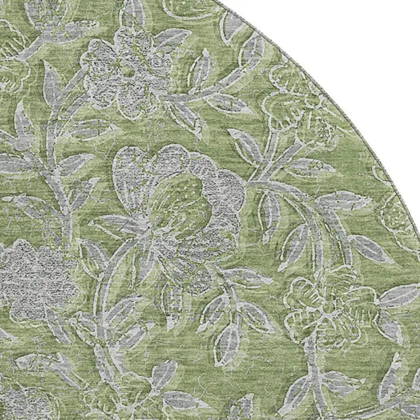 8' Olive Green And Gray Floral Washable Round Rug With UV Protection Photo 3