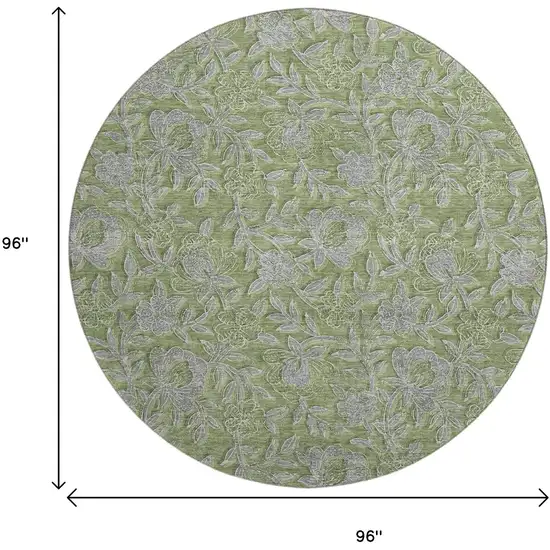 8' Olive Green And Gray Floral Washable Round Rug With UV Protection Photo 3