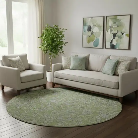 8' Olive Green And Gray Floral Washable Round Rug With UV Protection Photo 1