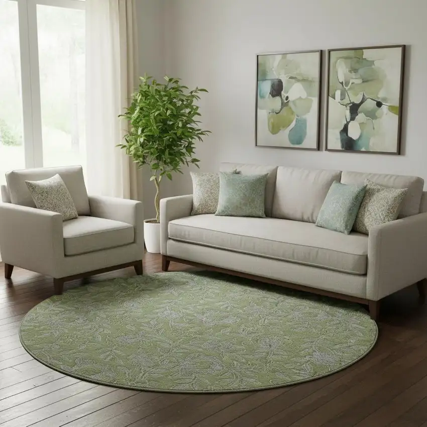 8' Olive Green And Gray Floral Washable Round Rug With UV Protection Photo 1