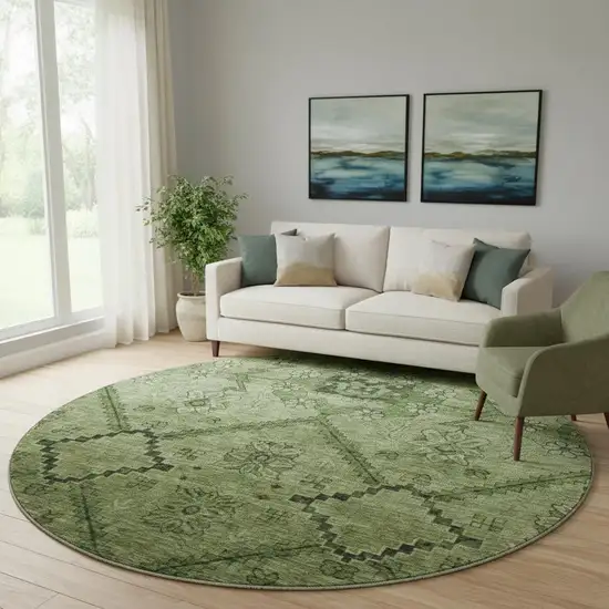 8' Olive Green And Gray Floral Washable Round Rug With UV Protection Photo 1
