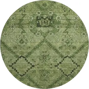 Photo of 8' Olive Green And Gray Floral Washable Round Rug With UV Protection