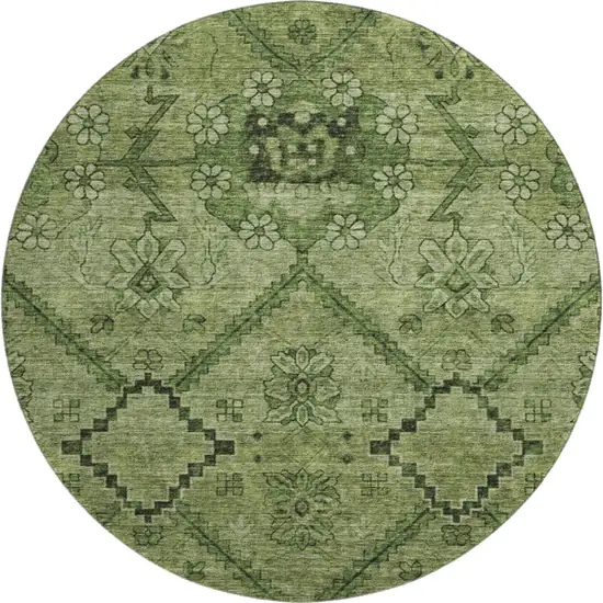 8' Olive Green And Gray Floral Washable Round Rug With UV Protection Photo 1